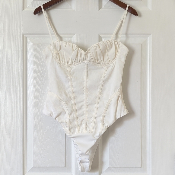 Zara Linen Blend Corset Inspired Form Fitting Sleeveless Tank Bodysuit Ivory M - Picture 1 of 12